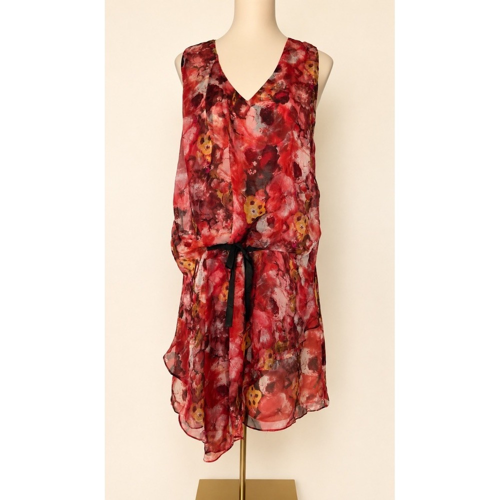 NWT Sundance, Women's, Red Floral, Silk, V-Neck, Tie Waist, Dress Size 10 - Picture 3 of 12